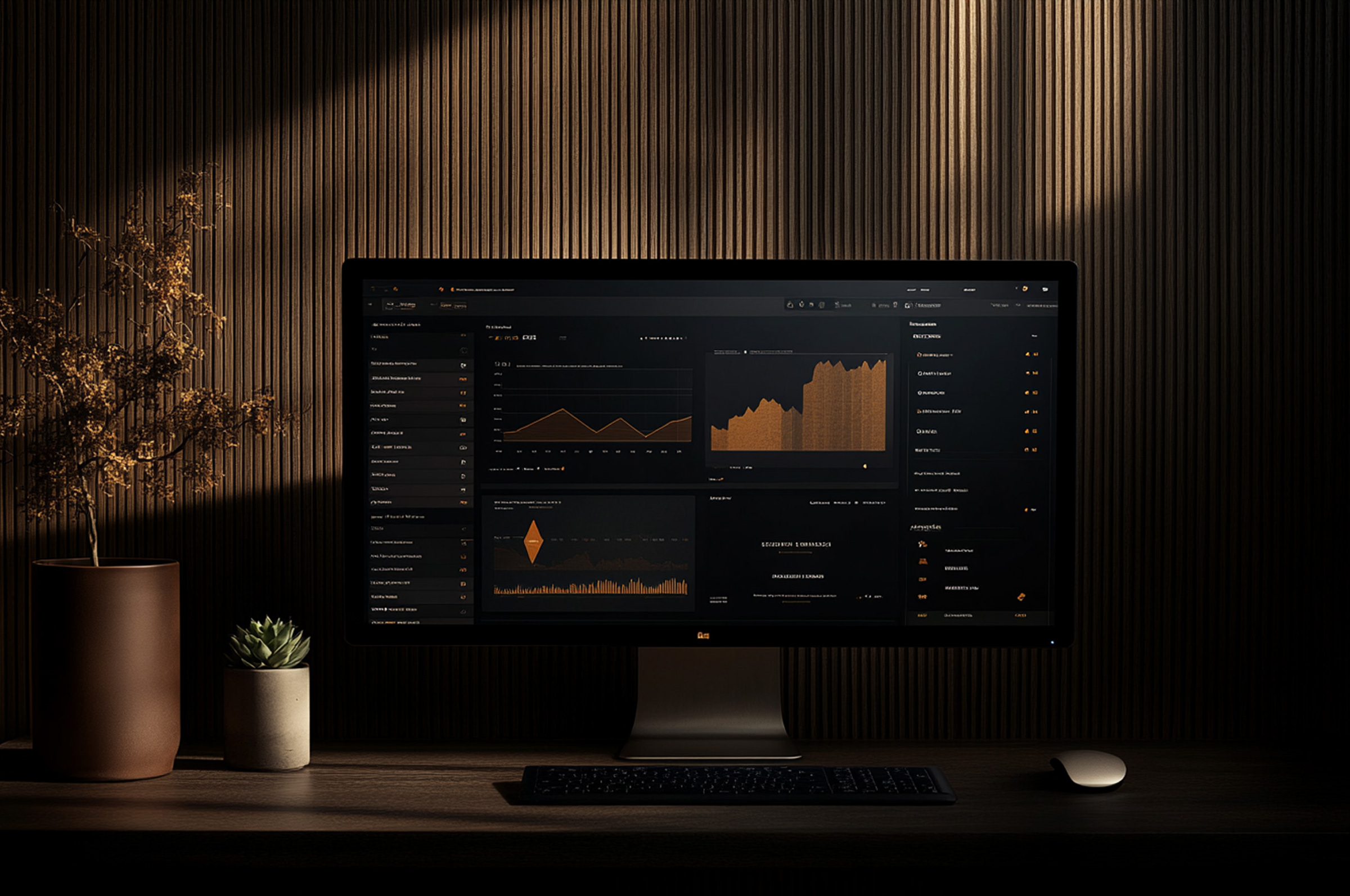 Desktop monitor displaying analytics dashboard with warm earth tone data visualizations